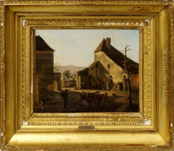 Figures In A Farmyard With Cottages And Hills Beyond Oil Painting by Jean-Antoine Duclaux