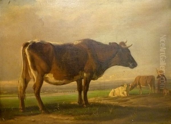 Portrait D'une Vache, Une Paysanne Au Second Plan Oil Painting by Jean-Antoine Duclaux