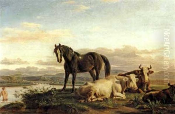 Cheval Et Vaches En Bord De Riviere Oil Painting by Jean-Antoine Duclaux