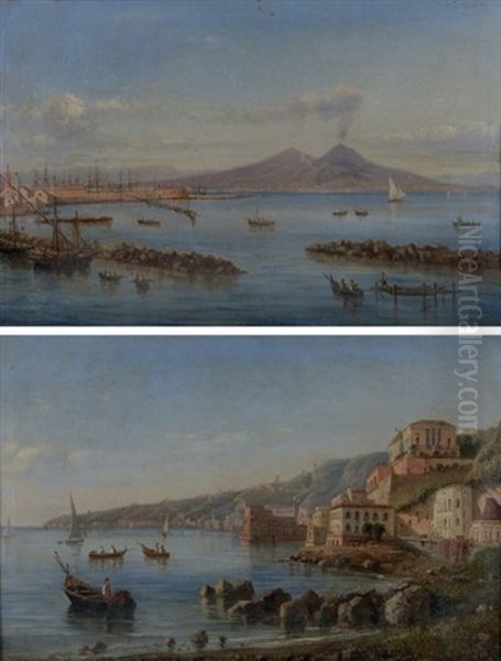 Vue De La Baie De Naples Avec Le Vesuve Vue De La Colline Du Pausilippe (2 Works) Oil Painting by Teodoro Duclere