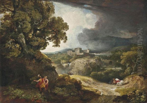 A Classical Landscape With Dido And Aeneas Sheltering From The Storm, Carthage Beyond Oil Painting by George Arnald