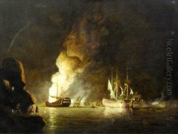 Man O' War Lying At Anchor In A Fortified Harbour, The Scene Lit By An Explosion Oil Painting by George Arnald