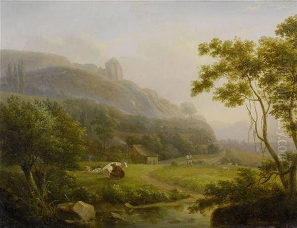 Hirten Mit Tieren In Einer Weiten Flusslandschaft Oil Painting by Julien Joseph Ducorron