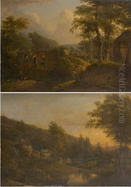 Paysages Romantiques Avec Cours D'eau (+ Another; 2 Works) Oil Painting by Julien Joseph Ducorron