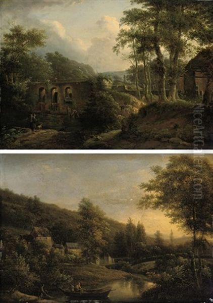 A River Landscape With Figures Before A Bridge (+ A River Landsape With Figures And A Fishing Boat In The Foreground; Pair) Oil Painting by Julien Joseph Ducorron