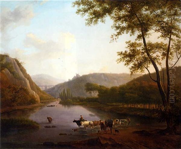 A Wooded River Landscape With Cattle Watering, A Viaduct And Town Beyond Oil Painting by Julien Joseph Ducorron