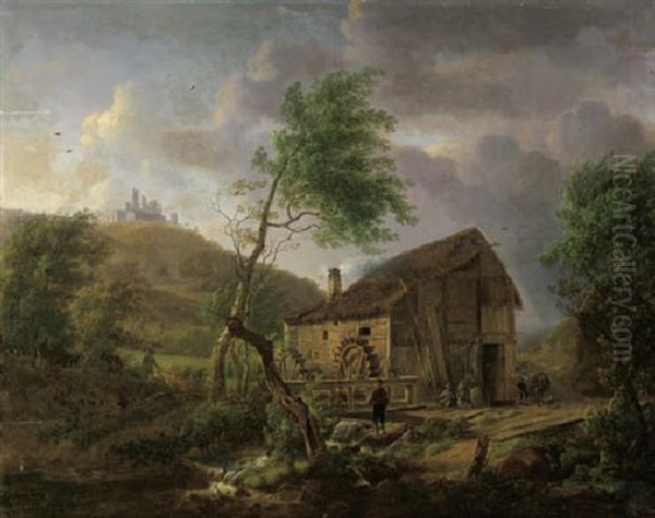 A Hilly Landscape With Travellers By A Watermill Oil Painting by Julien Joseph Ducorron