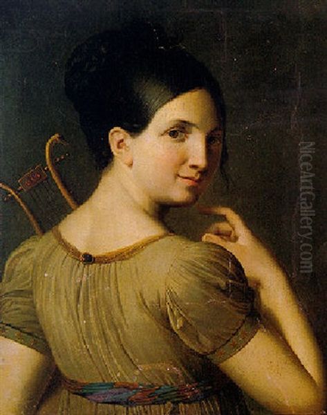 Young Girl Holding A Lyre Oil Painting by Joseph Francois Ducq