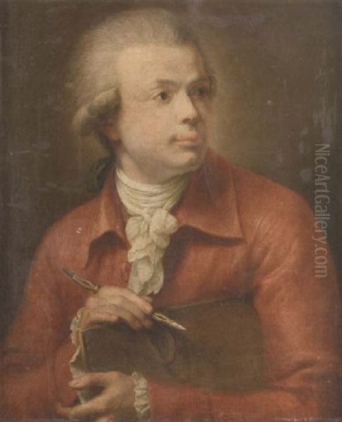 Portrait Of A Gentleman In A Salmon Pink Jacket With A White Cravat, Holding A Folio And A Pen Oil Painting by Joseph Ducreux