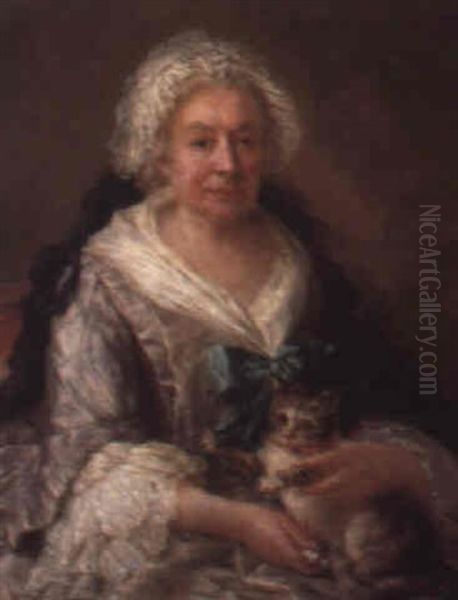 Portrait Of An Old Lady, Seated, In A Lilac Dress And Holding A Cat Oil Painting by Joseph Ducreux