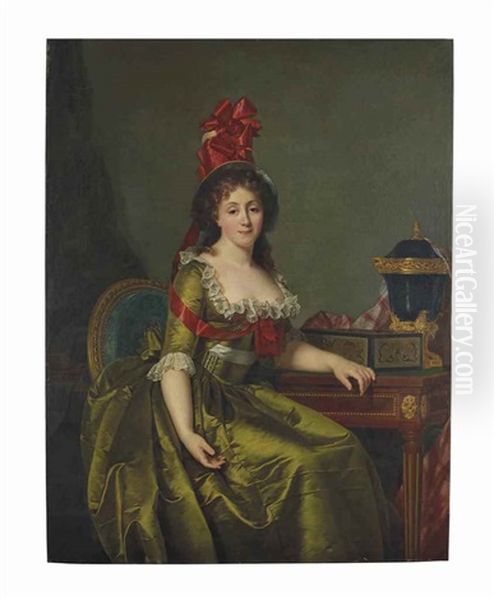 Portrait Of A Lady, Seated, Three-quarter-length, In A Green Satin Dress And A Bonnet With Red Ribbons Oil Painting by Rose Adelaide Ducreux