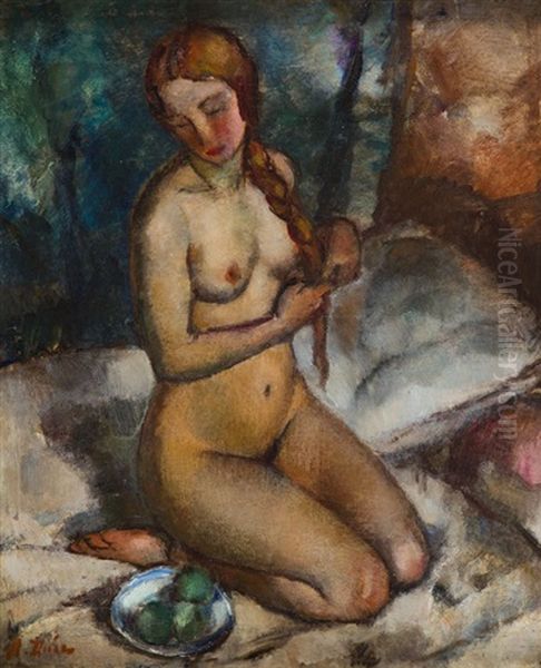 Nude With Green Apples Oil Painting by Miron Duda