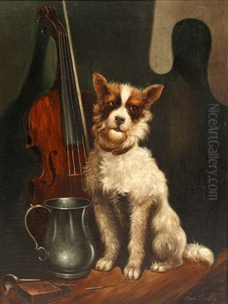 Terrier On Seated On Table Next To Violin Oil Painting by Robert Charles Dudley