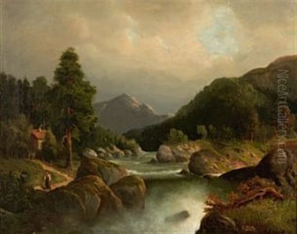 Landskap Med Foss Oil Painting by Christian Due