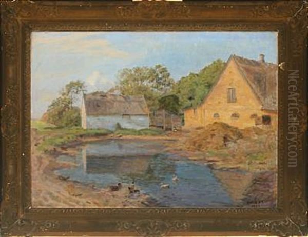 Scenery From A Farm With Ducks By The Pond Oil Painting by Ole Due