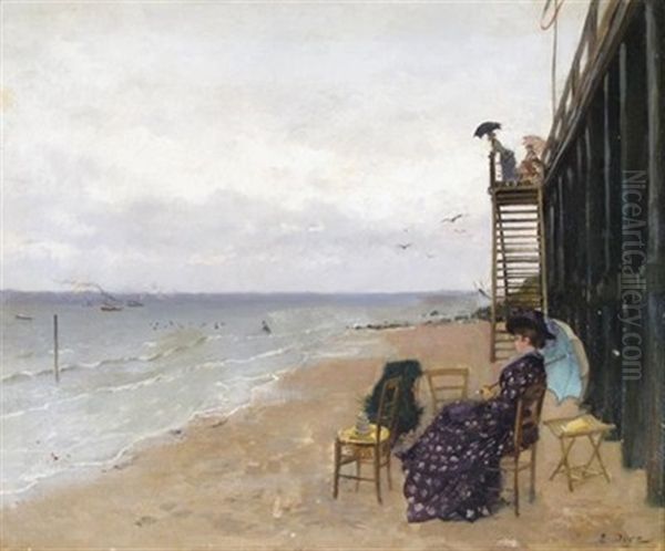 Beach Scene With An Elegant Lady Seated By Stairs Oil Painting by Ernest-Ange Duez