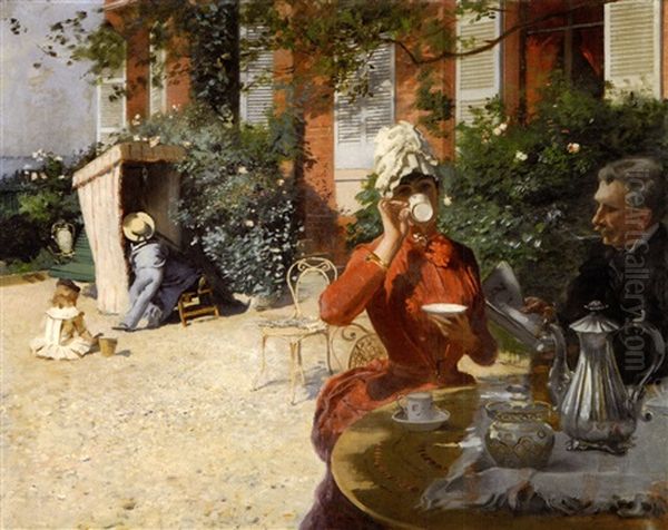 Le Dejeuner Sur La Terrasse, Villerville Oil Painting by Ernest-Ange Duez