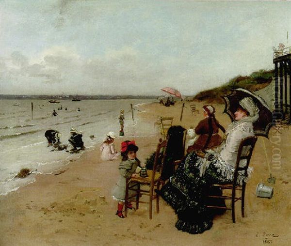 Mere Et Fille Sur La Plage Oil Painting by Ernest-Ange Duez