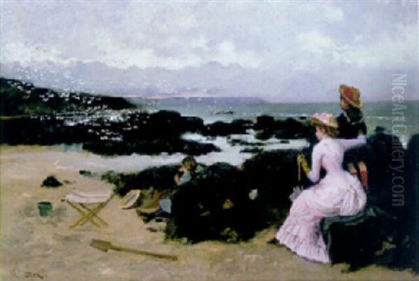 An Elegant Lady With Two Children On The Beach Oil Painting by Ernest-Ange Duez