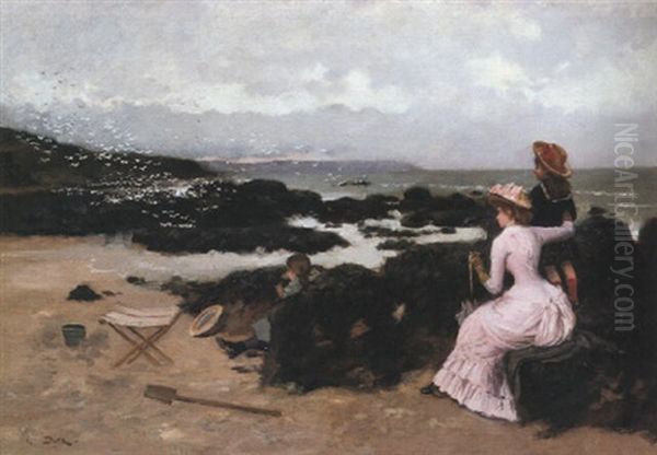 Femme Et Enfants Sur La Plage Oil Painting by Ernest-Ange Duez