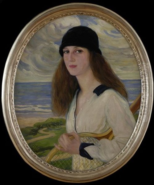 Mademoiselle Avec Une Raquette De Tennis Oil Painting by Clementine Helene Dufau