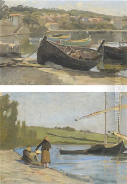 Barques De Peche Les Blanchisseuses (2 Works) Oil Painting by Frederic Dufaux