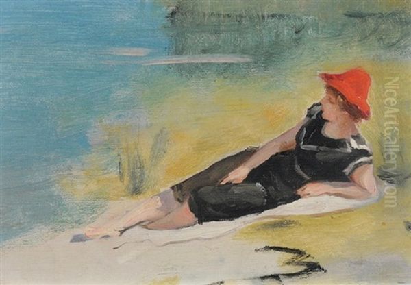 Badende Mit Rotem Sonnenhut Oil Painting by Frederic Dufaux