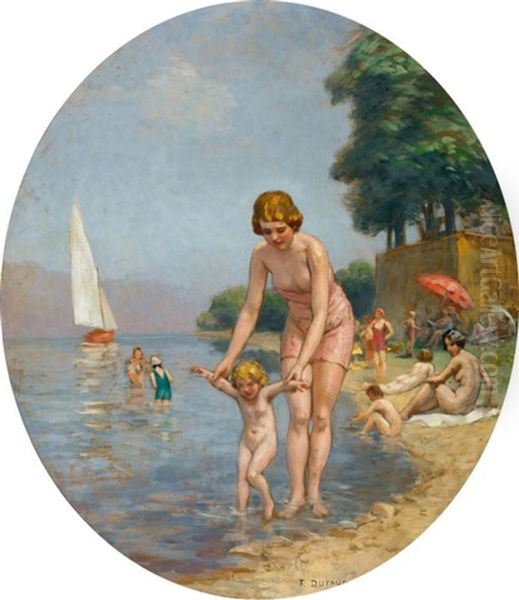 Strandpartie Mit Badender Mutter Und Kind Oil Painting by Frederic Dufaux