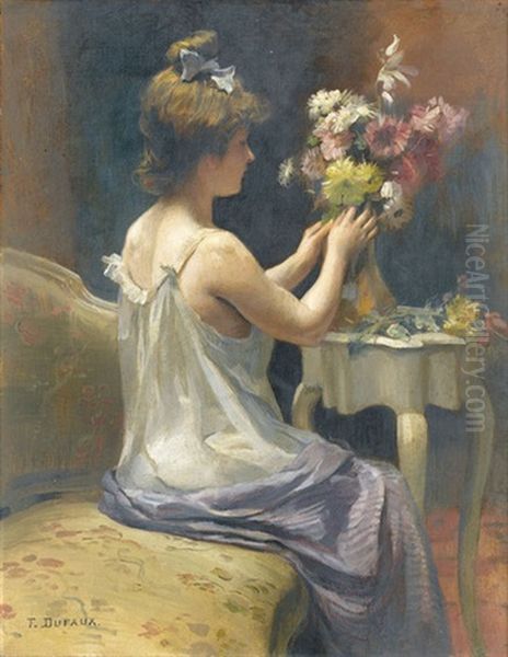 Interieur Mit Sitzender Dame Und Blumenstrauss Oil Painting by Frederic Dufaux