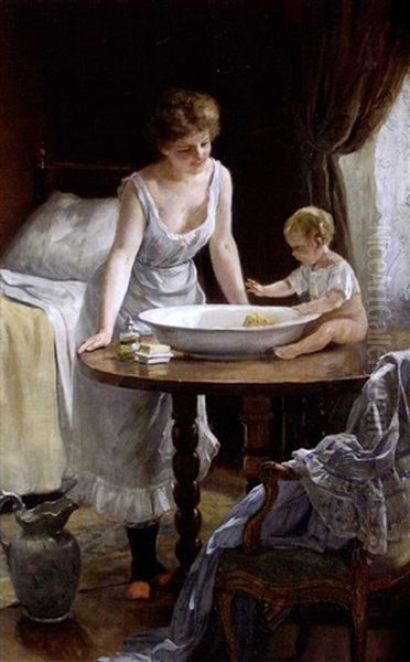 Mere Et Enfant Avant La Toilette Oil Painting by Frederic Dufaux