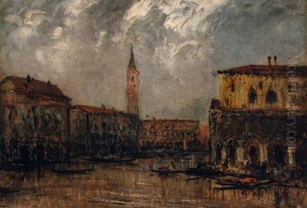 Gondolas On A Canal, Venice Oil Painting by Edouard-Jacques Dufeu