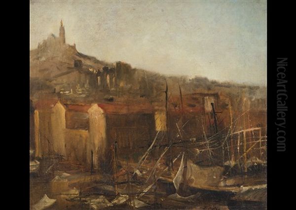 Kleiner Hafen Mit Blick Auf Eine Kirche by Edouard-Jacques Dufeu