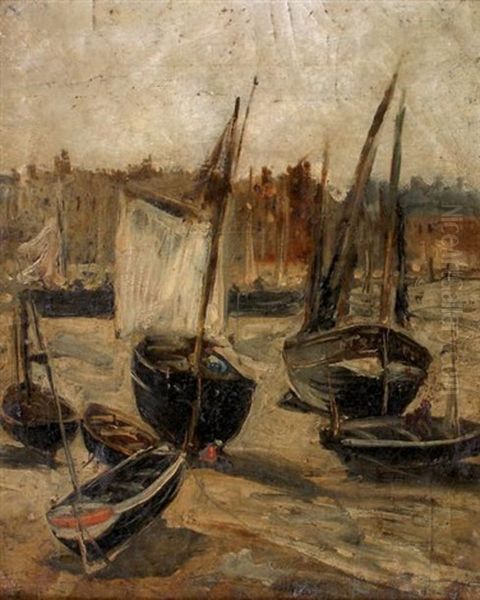 Barques Et Bateaux Dans Le Port A Marree Basse Oil Painting by Edouard-Jacques Dufeu