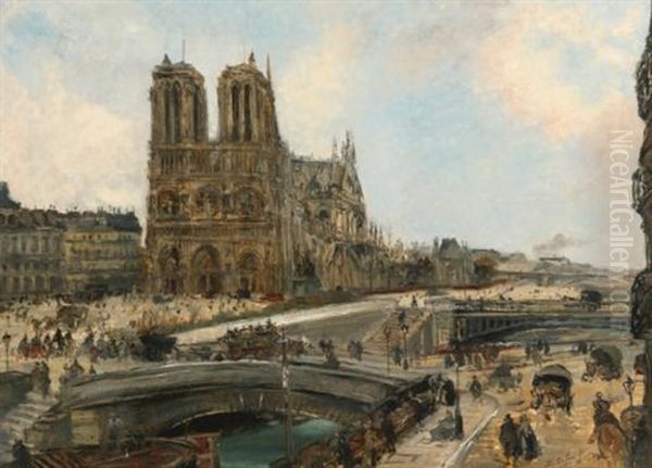 View Of Paris With Notre Dame Oil Painting by Edouard-Jacques Dufeu