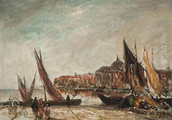 Figures On A Venetian Quay Oil Painting by Edouard-Jacques Dufeu