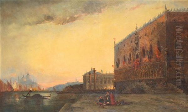 Venise - Dogenpalast Und Einfahrt Zum Canal Grande Im Abendrot Oil Painting by Edouard-Jacques Dufeu