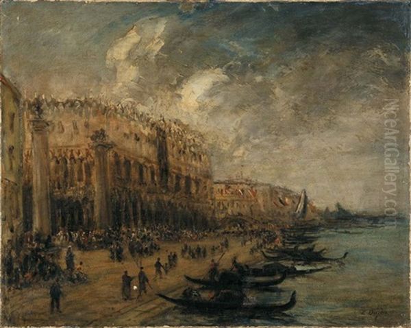 Gondoles A Quai Devant Le Palais Des Doges Oil Painting by Edouard-Jacques Dufeu