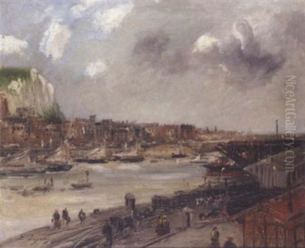 View Of A Port Oil Painting by Edouard-Jacques Dufeu