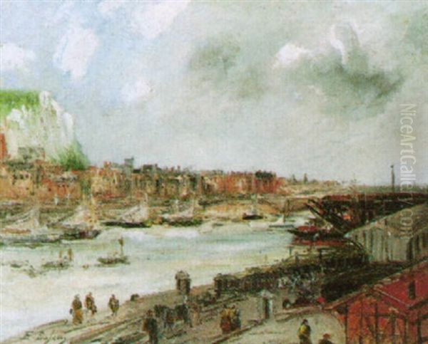 A Riverside Town Oil Painting by Edouard-Jacques Dufeu