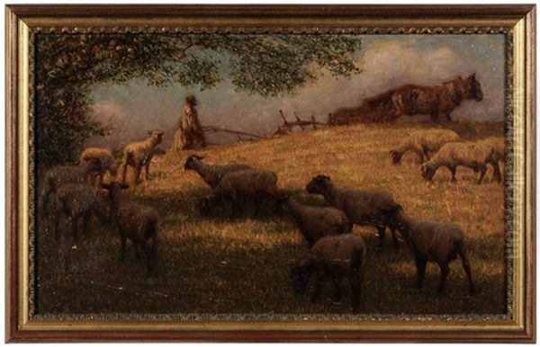 Pastoral Landscape, Sheep And Farmer Plowing Field Oil Painting by John Robert Keitley Duff