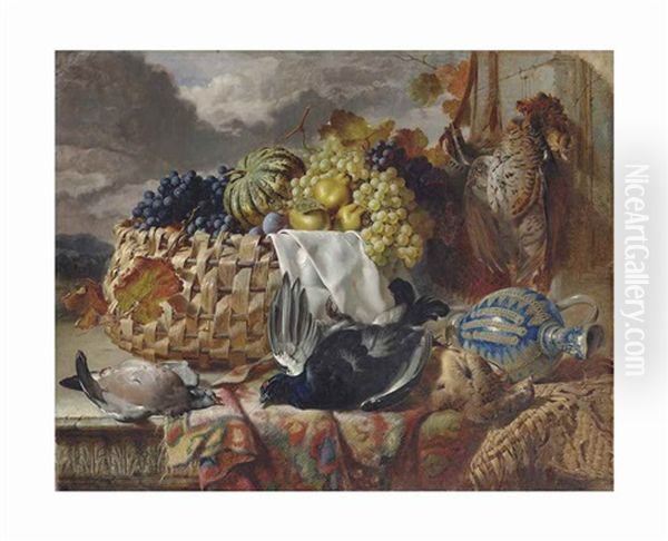 A Black Grouse, A Greyhen, A Wood Pigeon And A Pheasant Beside Grapes, Pears And A Melon In A Wicker Basket, On A Partially Draped Ledge Oil Painting by William Duffield