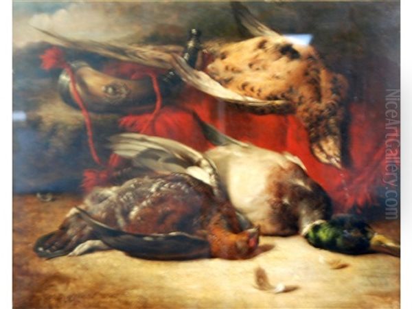 Three Dead Game Birds, A Grouse And Mallard Lying On The Ground, A Pheasant Placed Upon A Red Cloth Draped Over A Boulder, A Scottish Poweder Horn Nearby, Hills Beyond Oil Painting by William Duffield