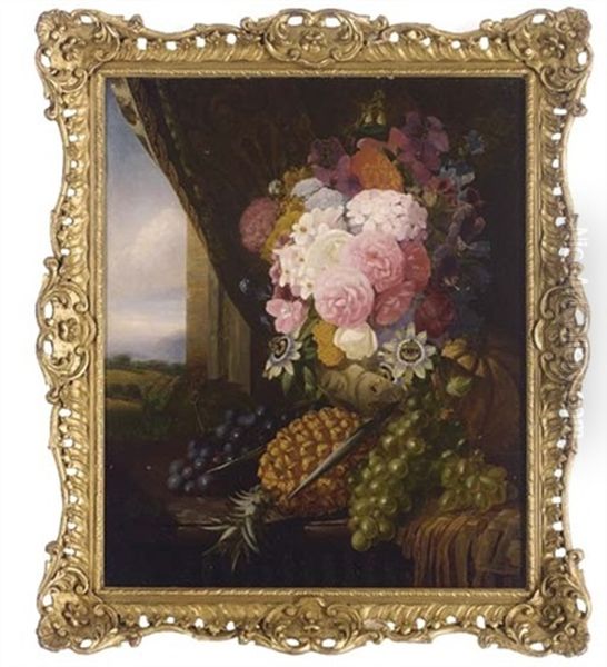 Grapes, A Pineapple, A Melon And An Arrangement Of Summer Flowers On A Stone Ledge, A Landscape Beyond Oil Painting by William Duffield