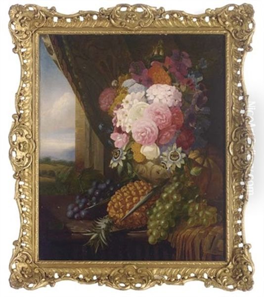 Grapes, A Pineapple, A Melon And An Arrangement Of Summer Flowers On A Stone Ledge, A Landscape Beyond Oil Painting by William Duffield