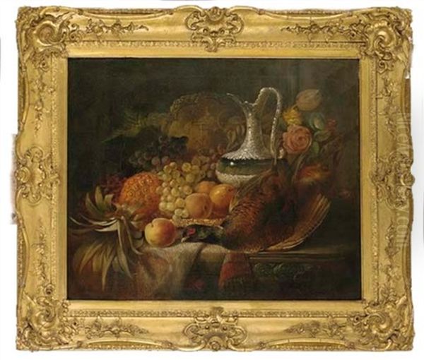 Grapes, Peaches, A Pineapple, Flowers, A Silver Decanter, Gold Plate And Pheasant, On A Ledge Oil Painting by William Duffield