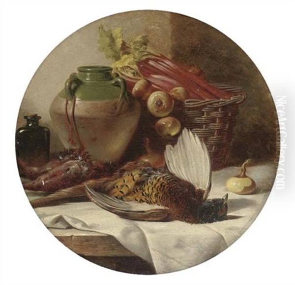 A Pheasant, Onions, Rhubarb In A Basket, With A Pot And Jar To The Side Oil Painting by William Duffield