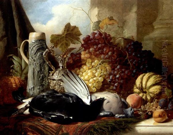 Still Life Of Black Cock, Wood Pigeon, A Stein, Silver Gilt Claret Jug And Red Grapes, A Gourd, Peaches, Plums, Whitecurrants And Raspberries Oil Painting by William Duffield