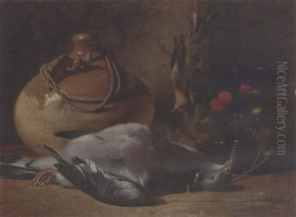 A Pigeon, Songbirds, A Stoneware Flask, A Glass Goblet And Cherries On A Wooden Ledge Oil Painting by William Duffield