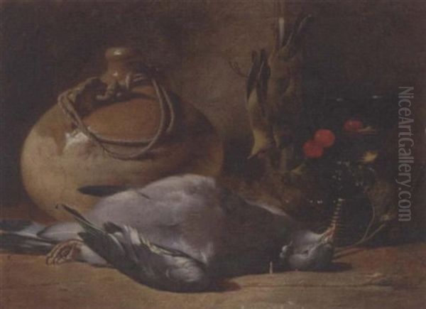 A Pigeon, Songbirds, A Stoneware Flask, A Glass Goblet And Cherries, On A Wooden Ledge Oil Painting by William Duffield