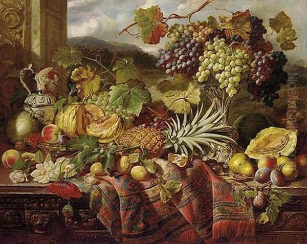 Still Life With Peaches, A Pomegranate, Grapes In A Tazza, A Pineapple, An Orange, Plums And Pears, Amongst Roses, Poppies And Vines On A Chest, Draped With A Rug Oil Painting by William Duffield